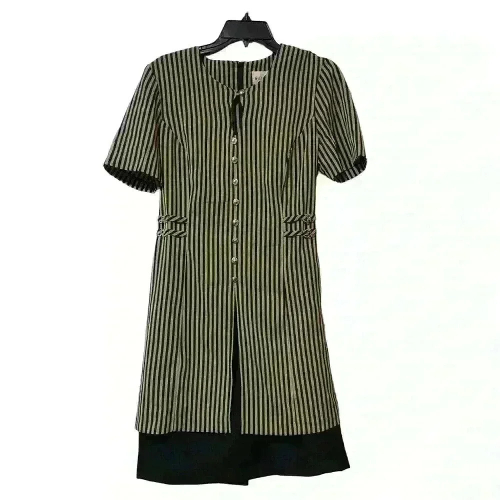 Miss Dorby Womens Size 8 Dress Short Sleeve Black Stripe Buttons Vintage Style